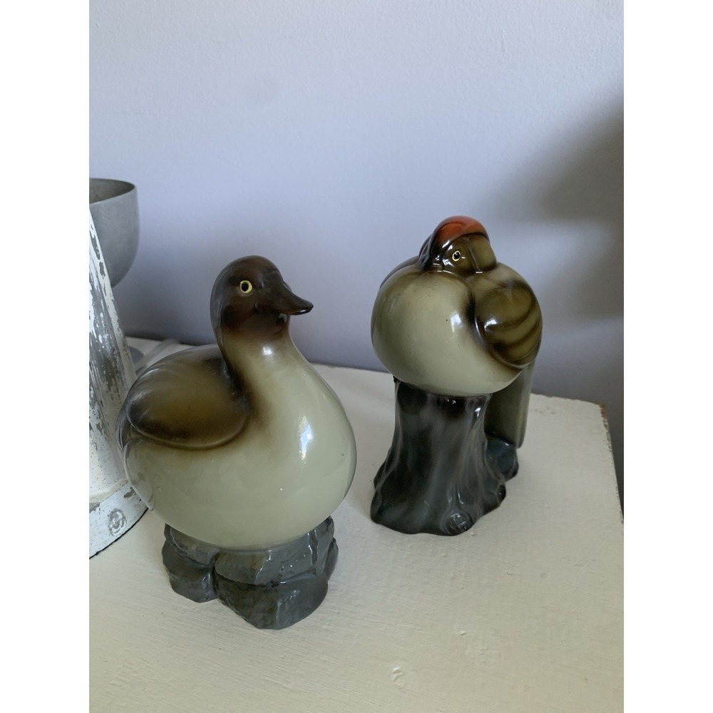 VTG Ries Rustic Bird Duck Quail‎ Ceramic Chalkware Pair Set Hand Painted Japan